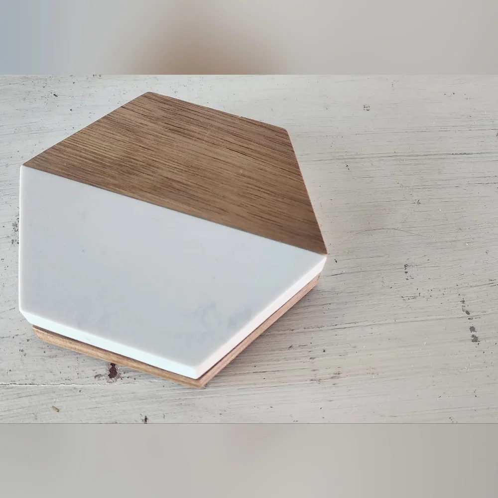 Set of 2 Hexagon Marble and Wooden Coasters with grip feet